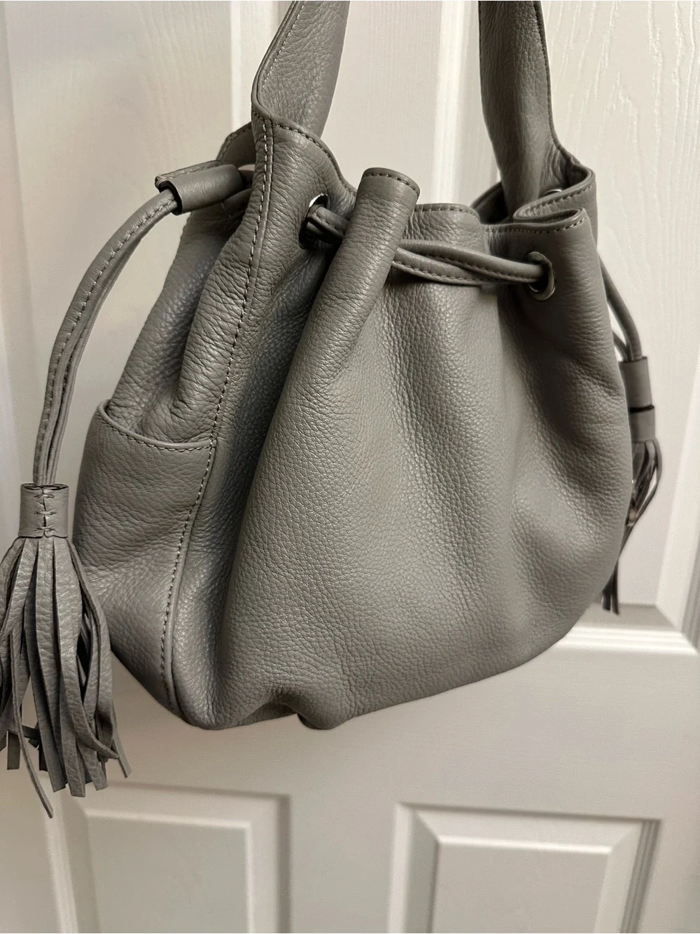 Michael Kors Gray Pebbled Leather Drawstring Hobo with Tassel